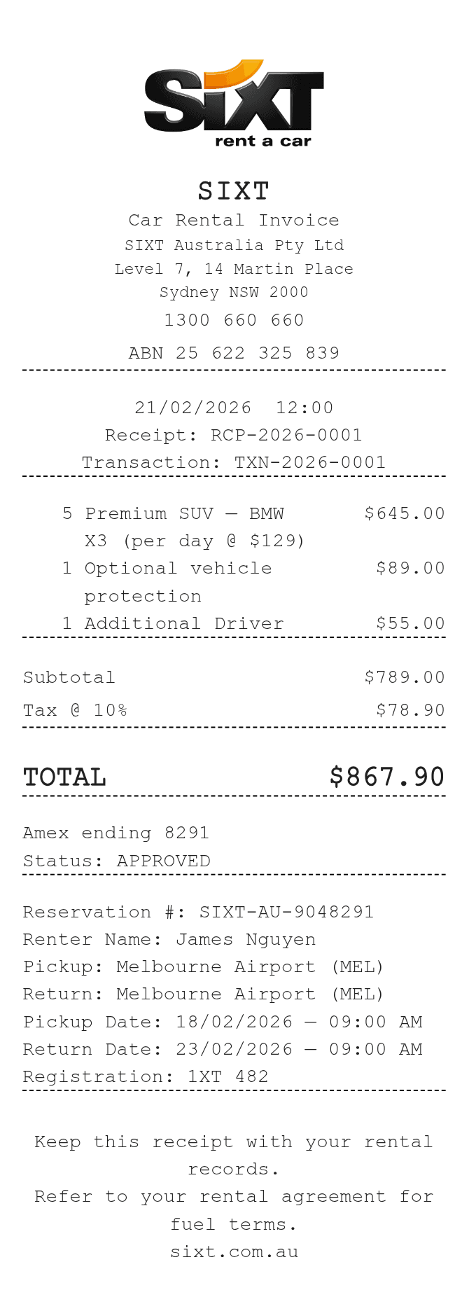 Sixt Receipt — example receipt