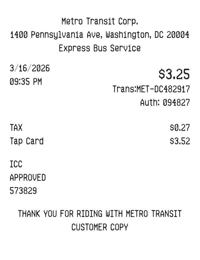 Transport Receipt — example receipt