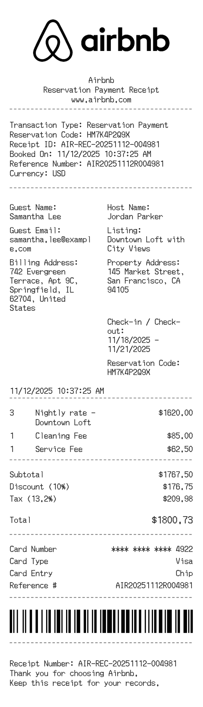 Airbnb Receipt — example receipt