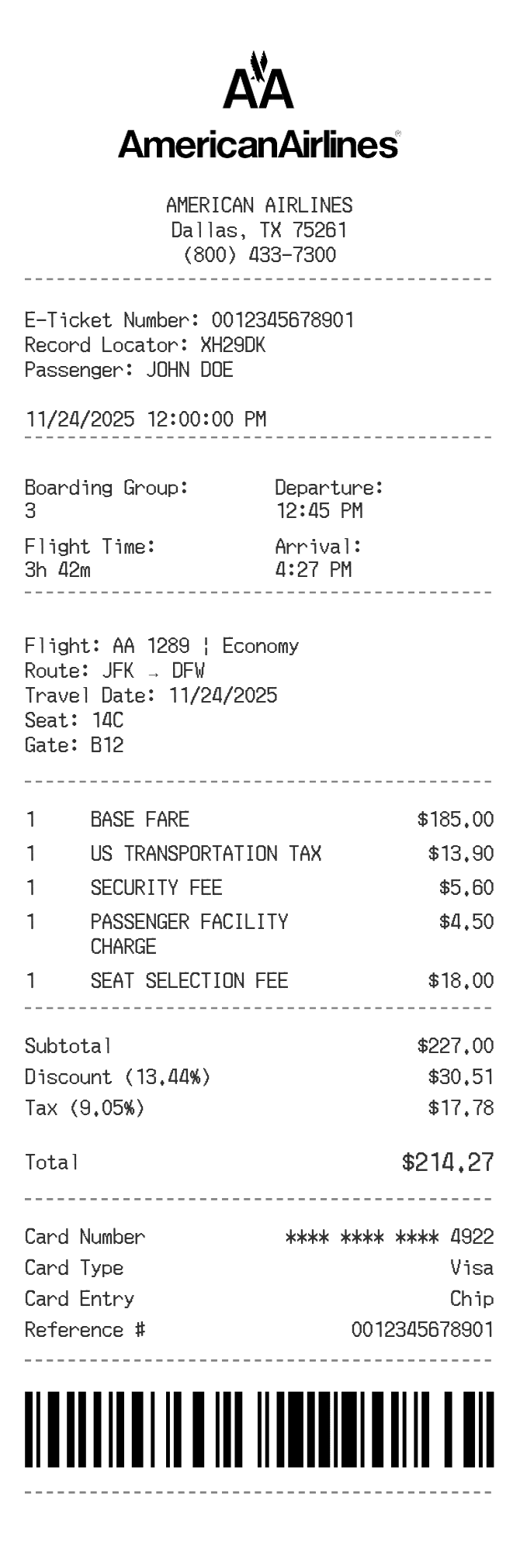 American Airlines Receipt — example receipt