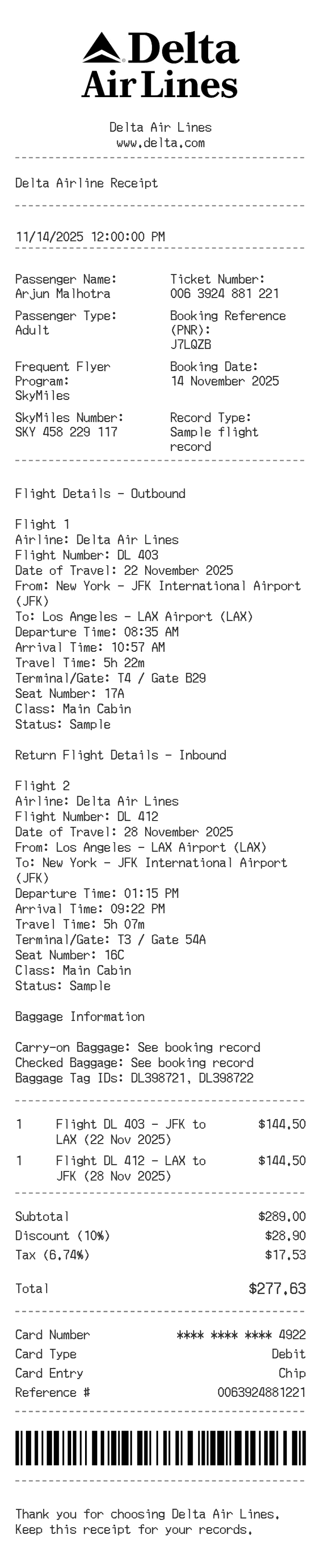 Delta Airline Receipt — example receipt