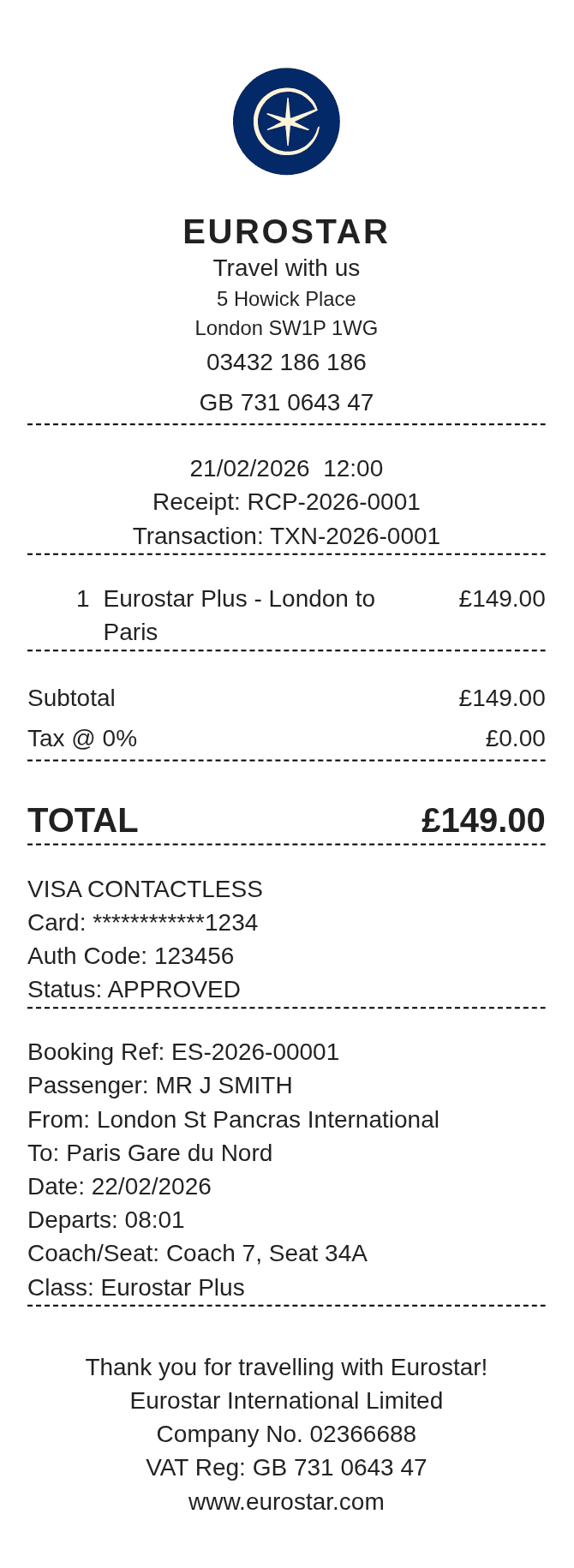 Eurostar Receipt — example receipt