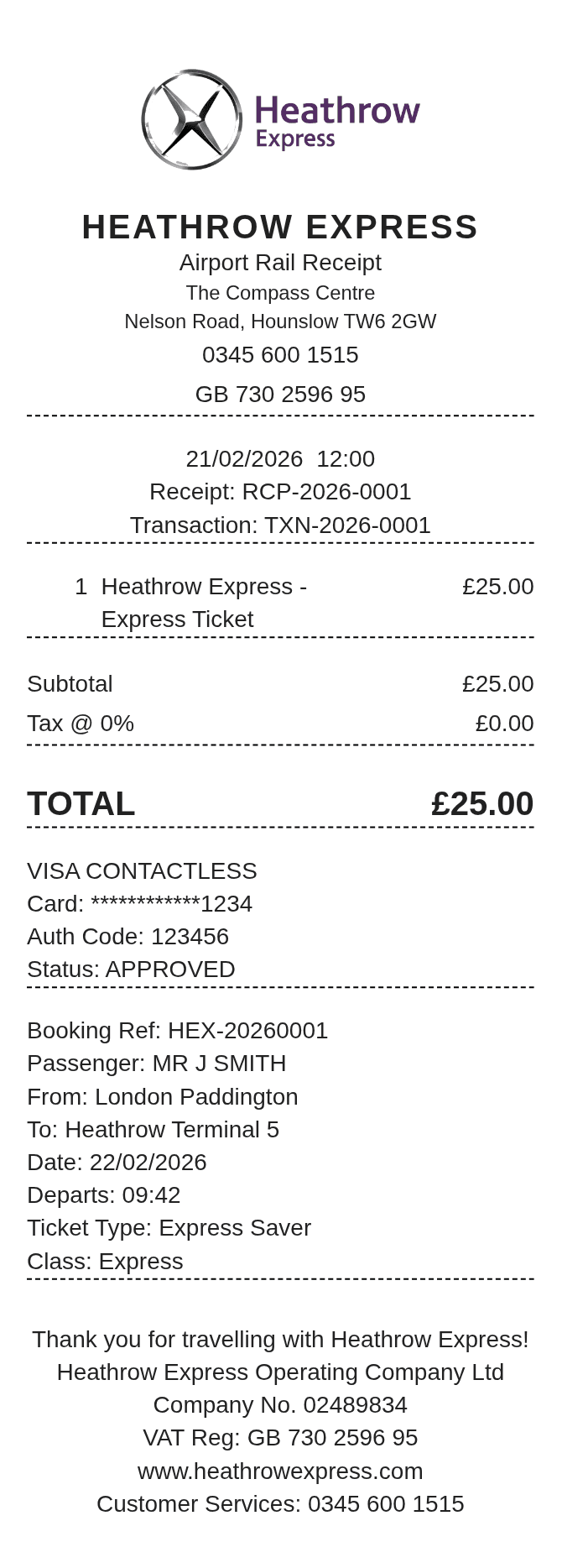Heathrow Express Receipt — example receipt