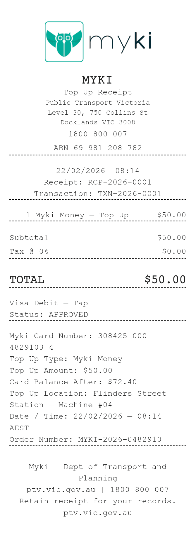 Myki Receipt — example receipt