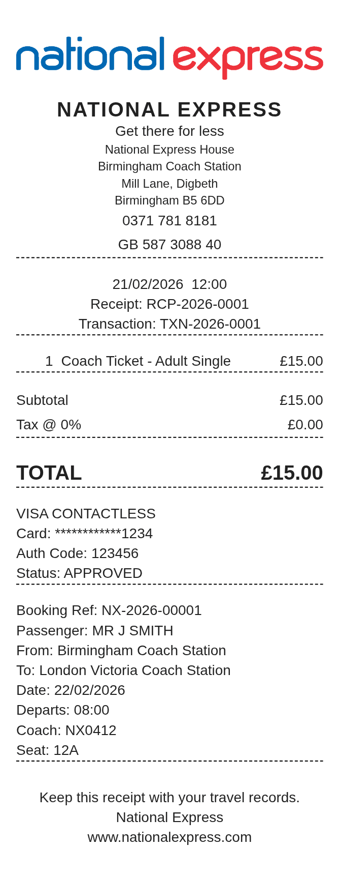 National Express Receipt — example receipt