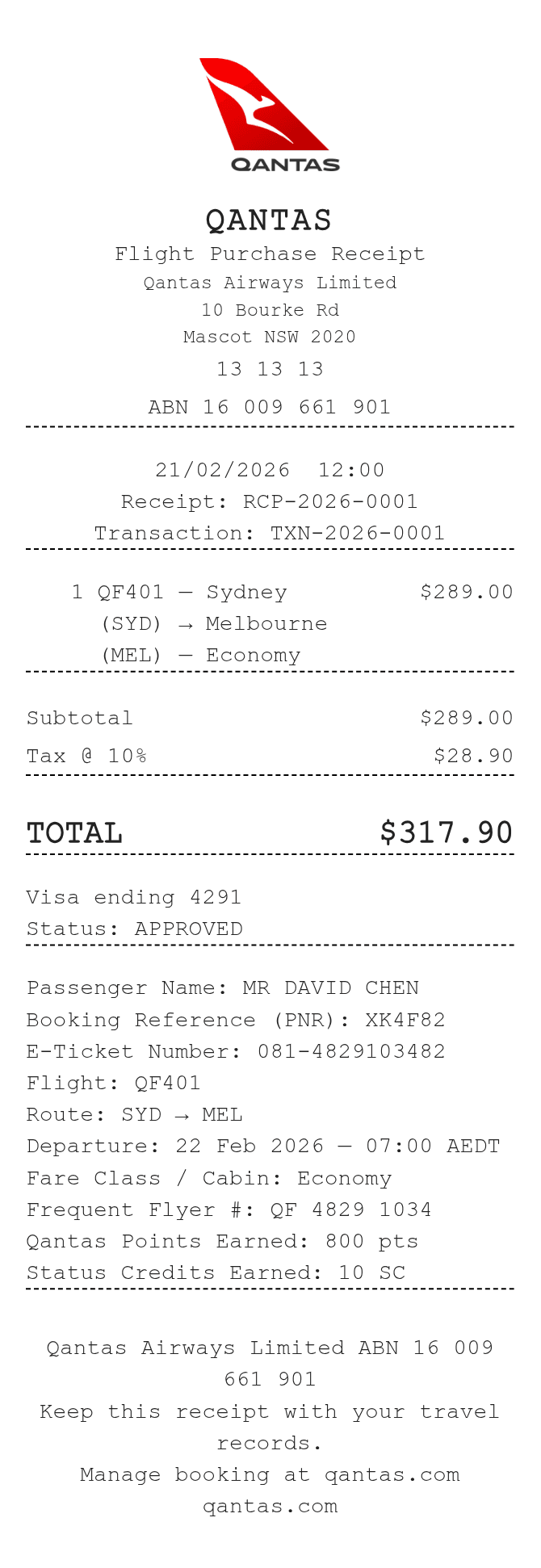 Qantas Receipt — example receipt