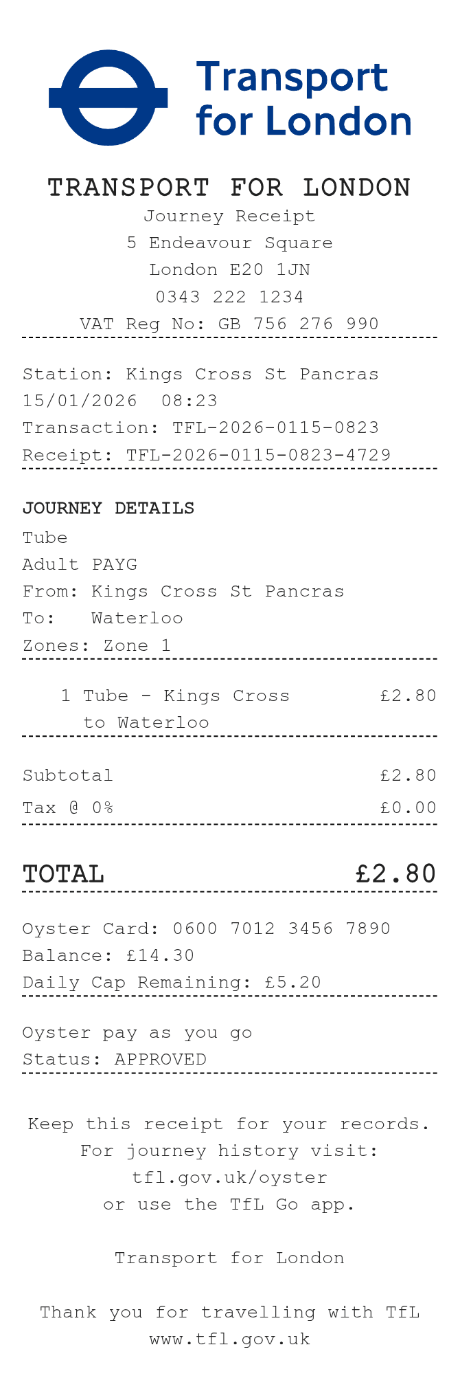 TFL Receipt — example receipt