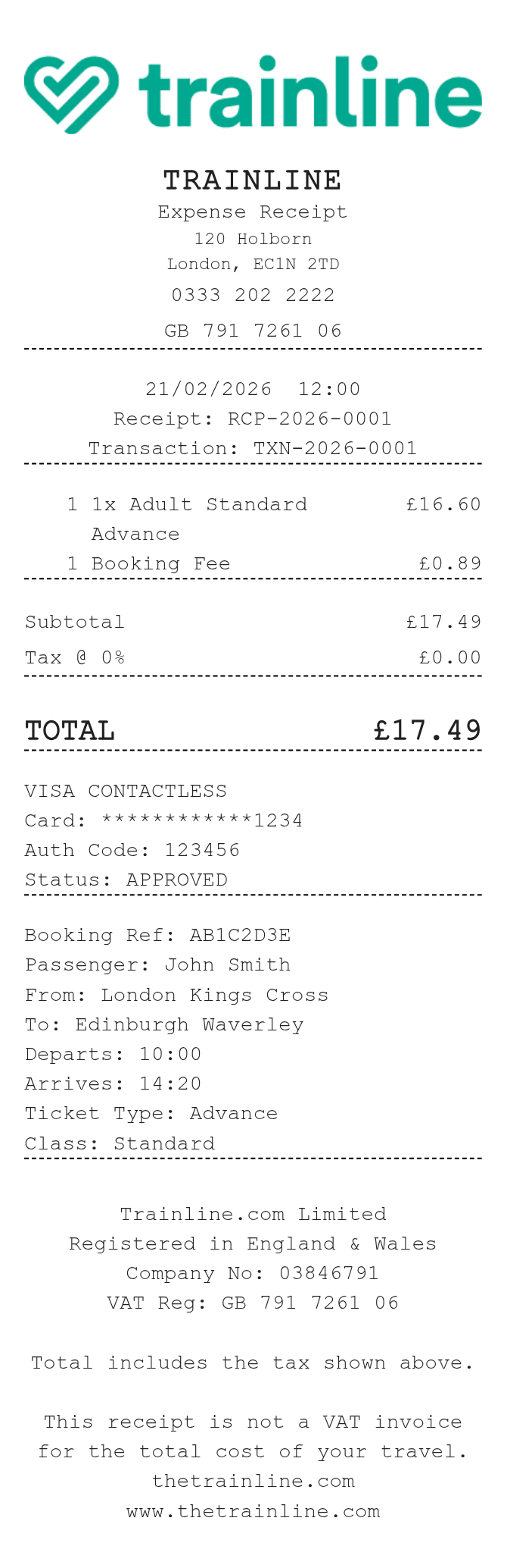 Trainline Receipt — example receipt