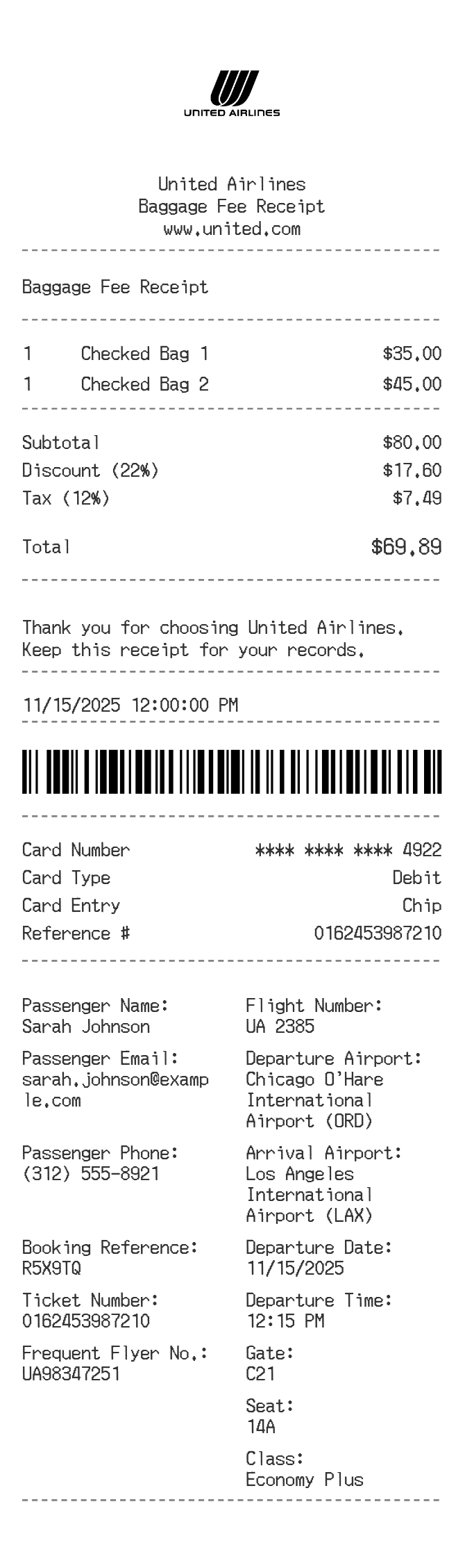 United Airlines Baggage Receipt — example receipt