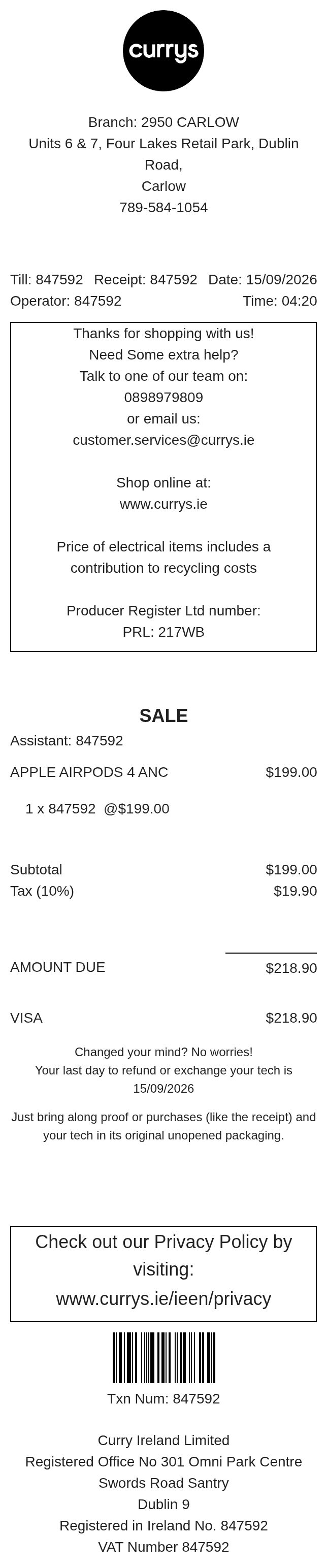 Currys Receipt Logo