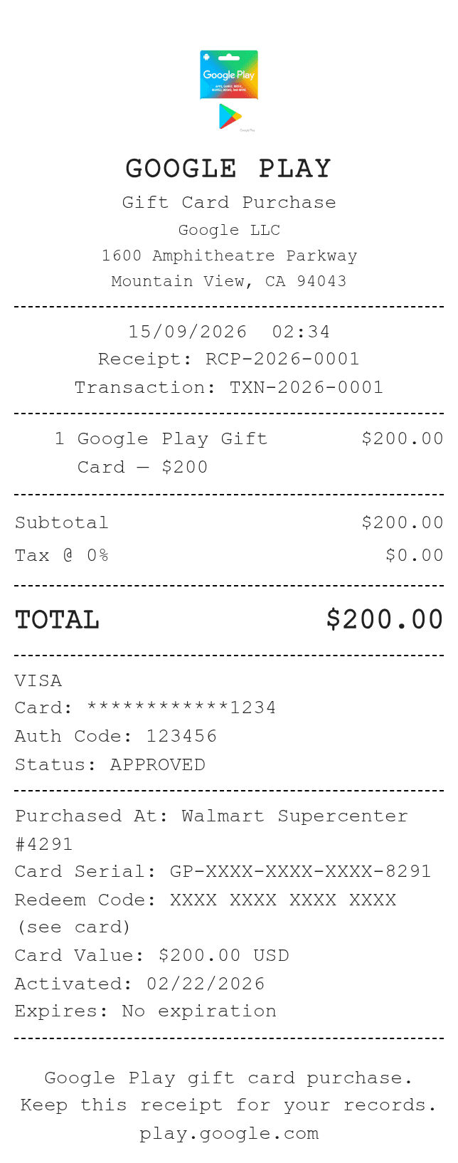 Google Play Card Receipt