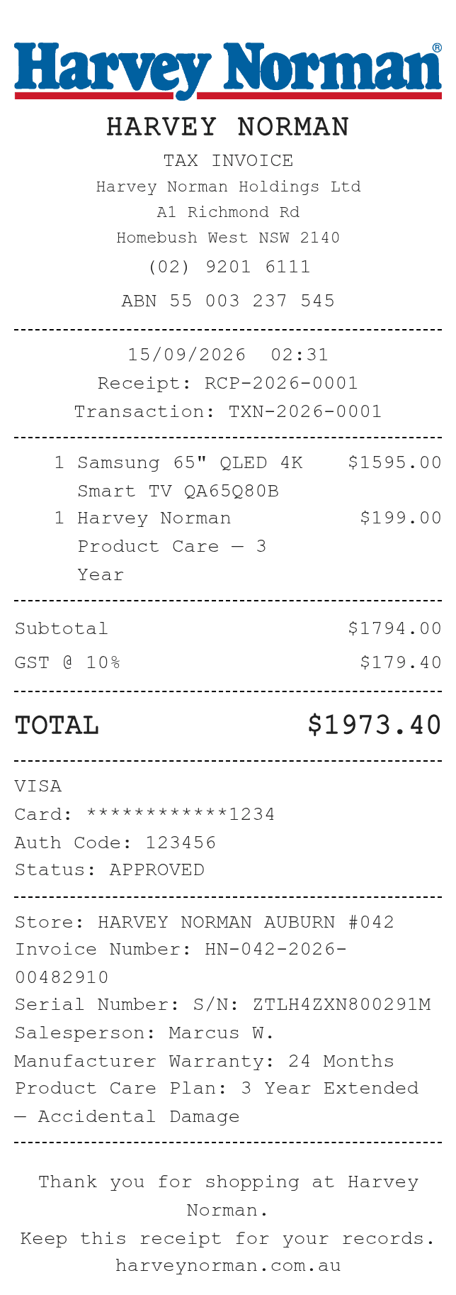 Harvey Norman Receipt