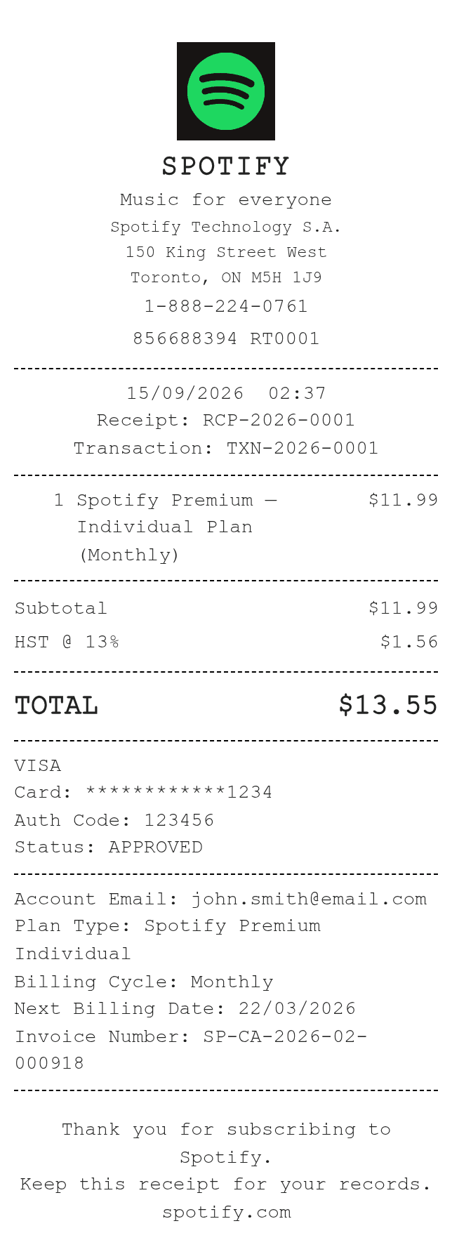Spotify Canada Receipt