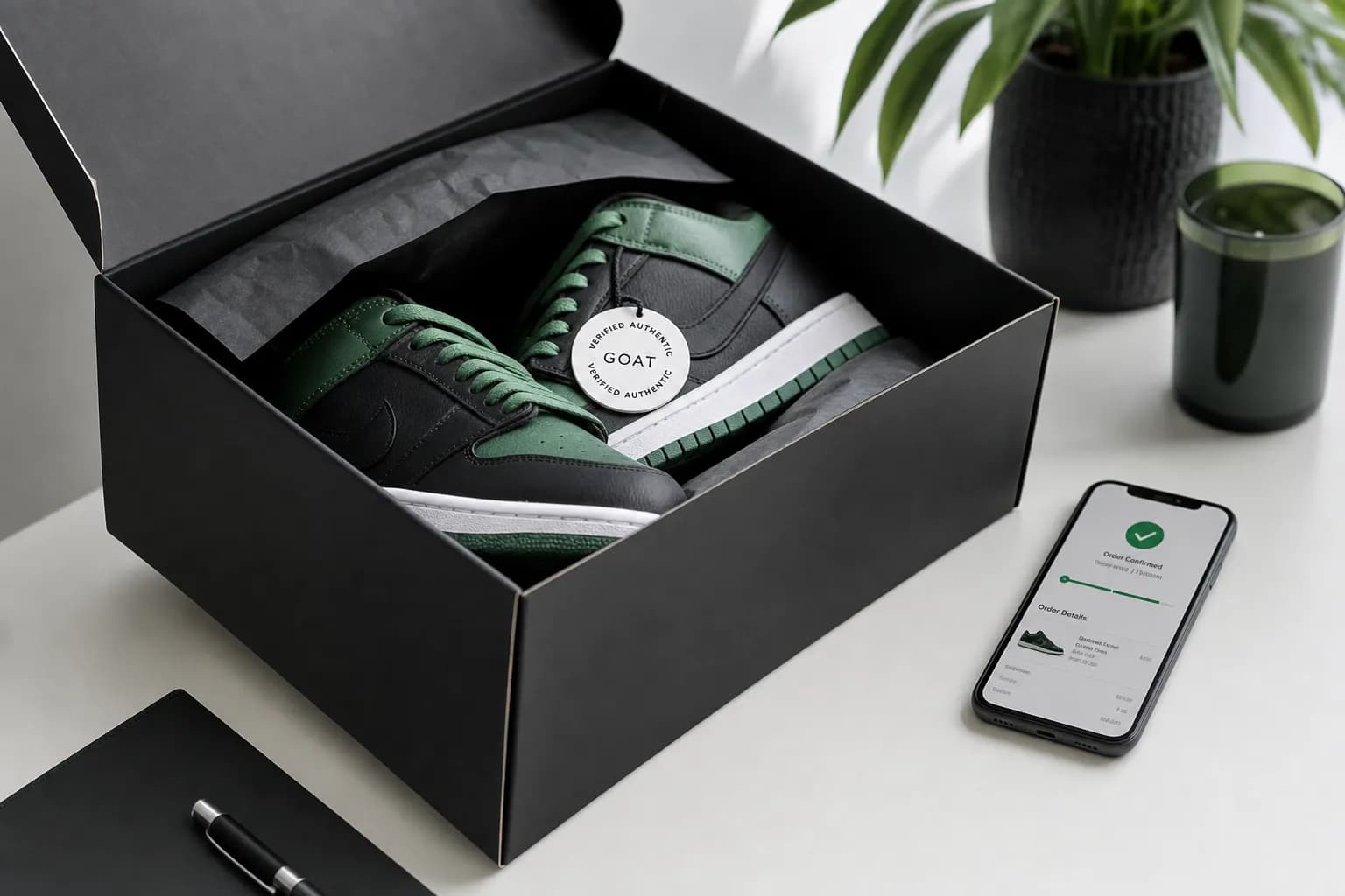GOAT sneaker box with premium sneakers and authentication tag on desk with smartphone showing order confirmation