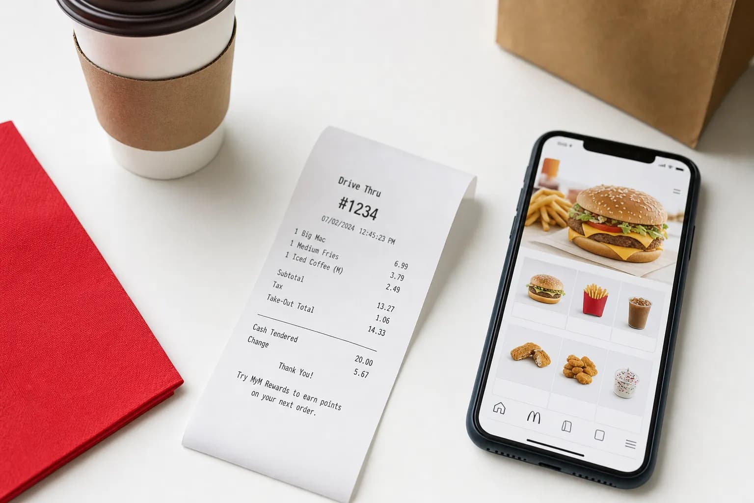 McDonalds drive-thru receipt on a desk with smartphone showing app, coffee cup and red napkin