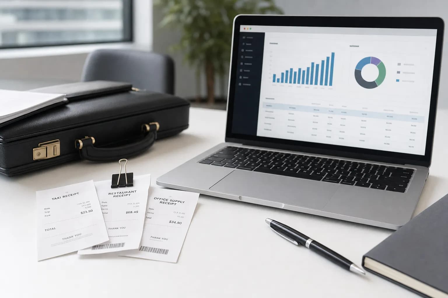 Business receipts clipped together with laptop showing expense report dashboard and briefcase