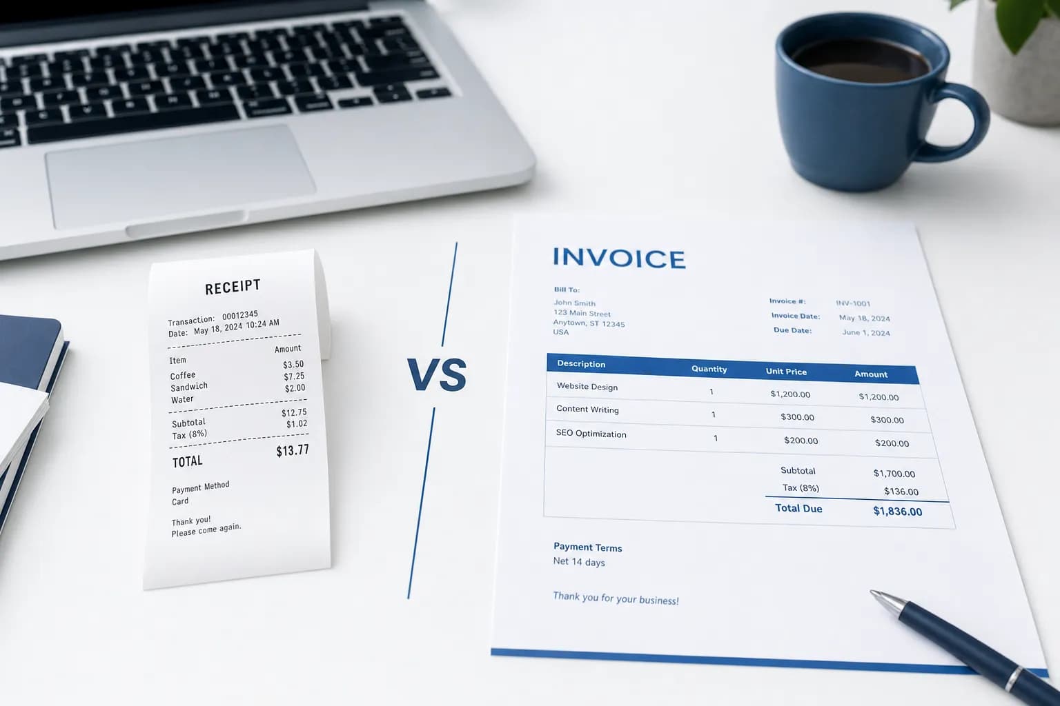 Receipt on the left vs invoice on the right on a white desk with a laptop and coffee