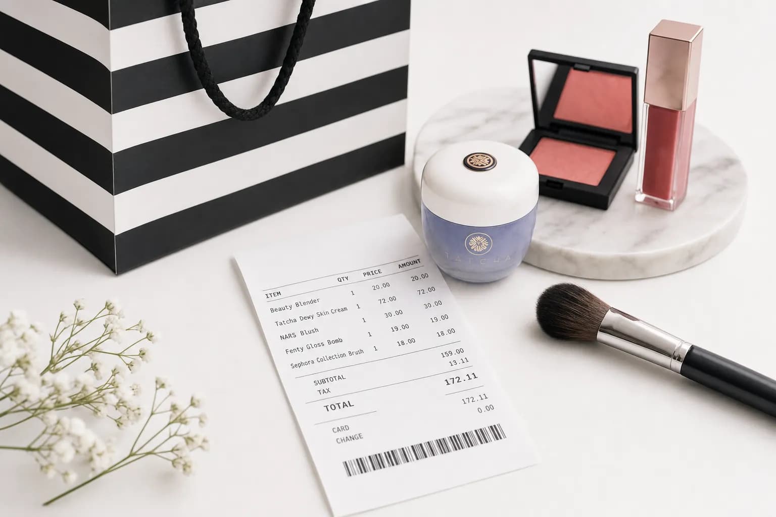 Sephora receipt on white desk with black and white Sephora shopping bag and luxury beauty products