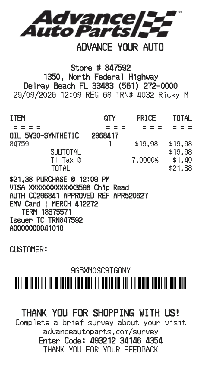Advance Auto Parts Receipt — example receipt