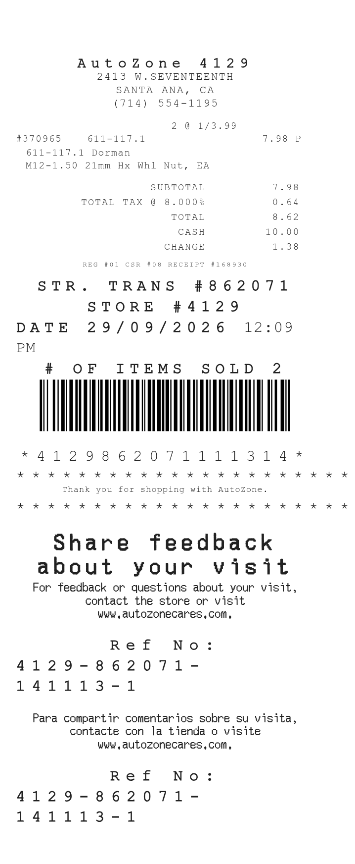 Autozone Receipt — example receipt