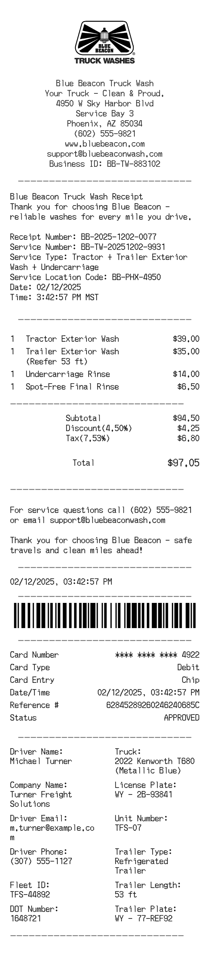 Blue Beacon Receipt — example receipt