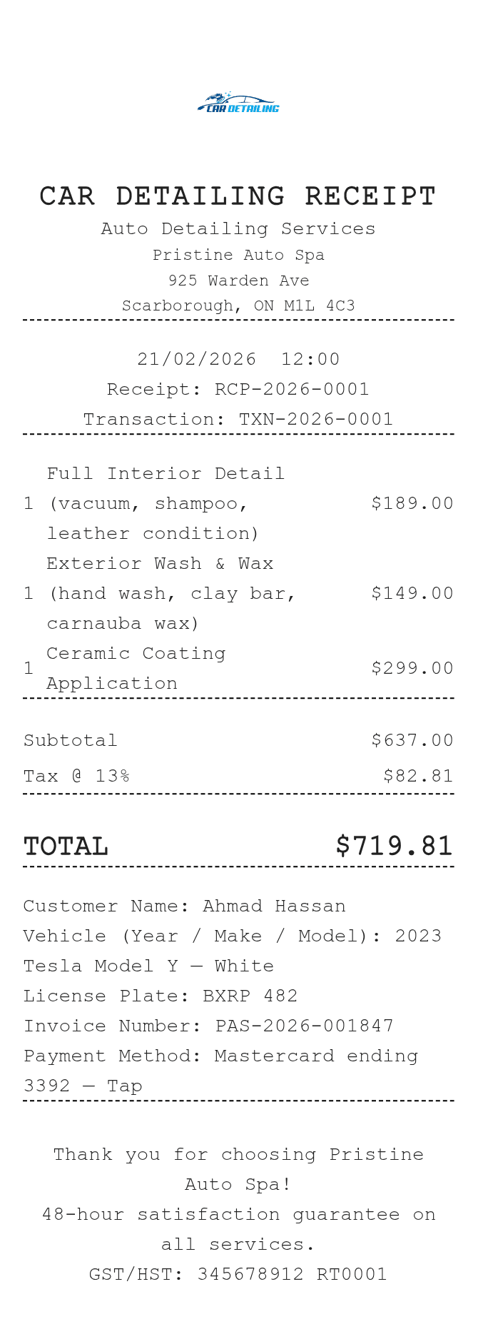 Car Detailing Receipt — example receipt