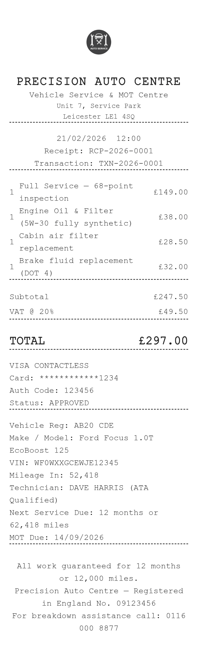 Car Service Receipt — example receipt