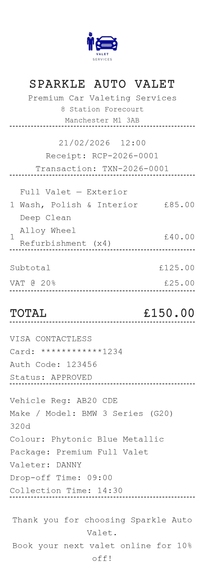 Car Valet Receipt — example receipt