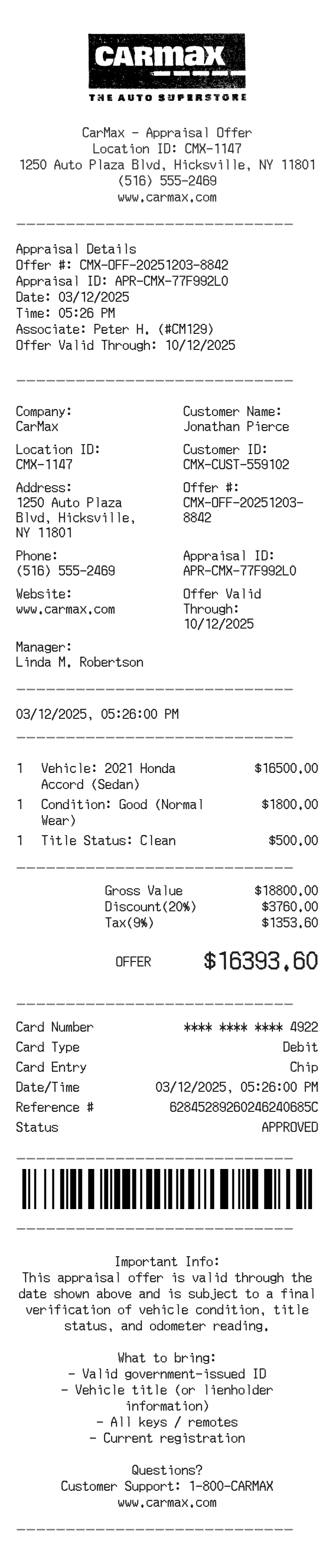 Carmax Receipt — example receipt