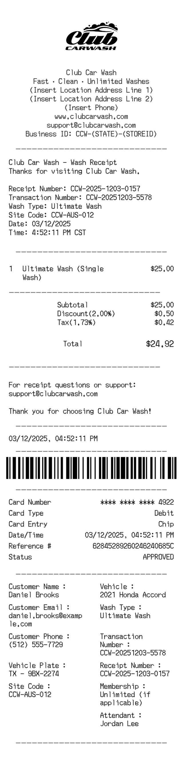 Washer Rinse Club Car Wash Receipt Generator - Wash and Payment Details