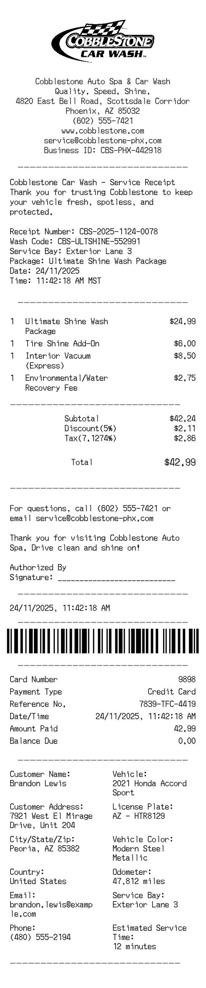 Cobblestone Receipt — example receipt