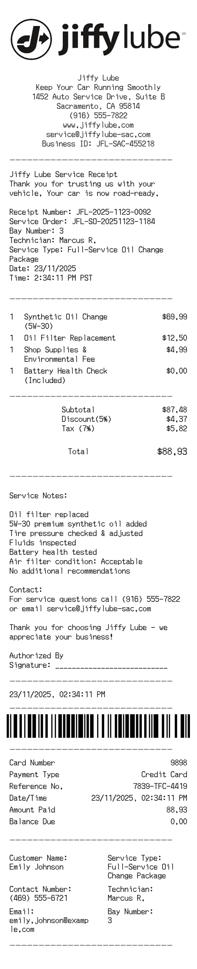 Jiffy Lube Receipt — example receipt