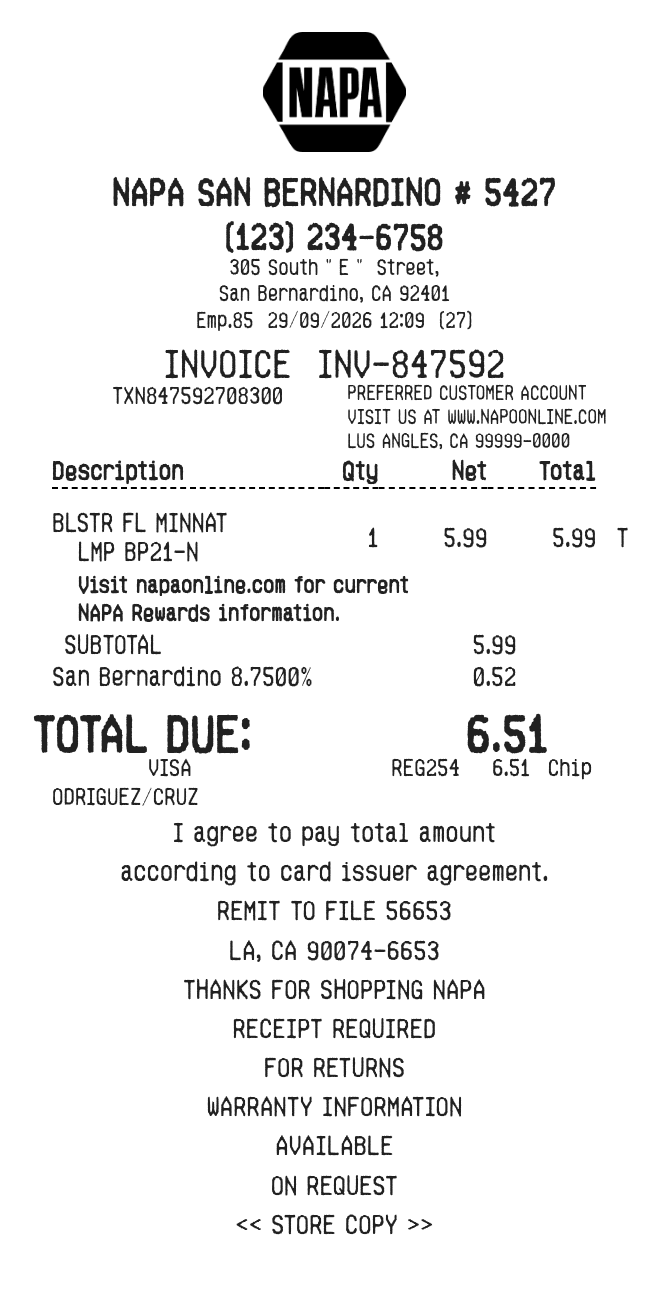 Napa Store Receipt — example receipt