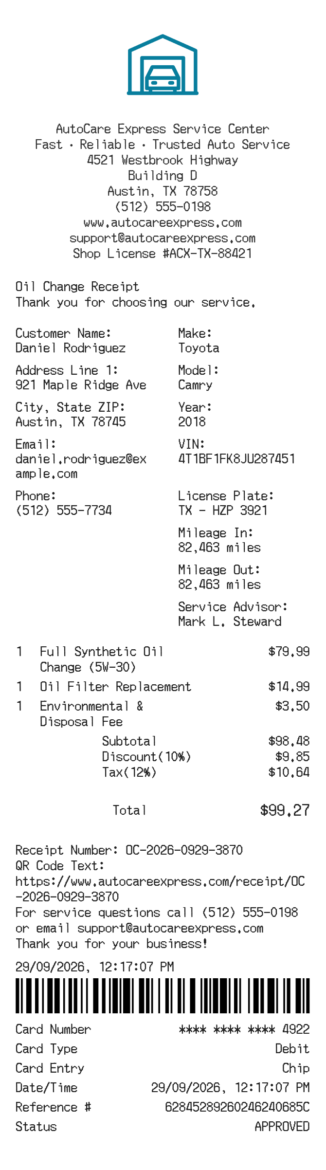 Oil Change Receipt — example receipt