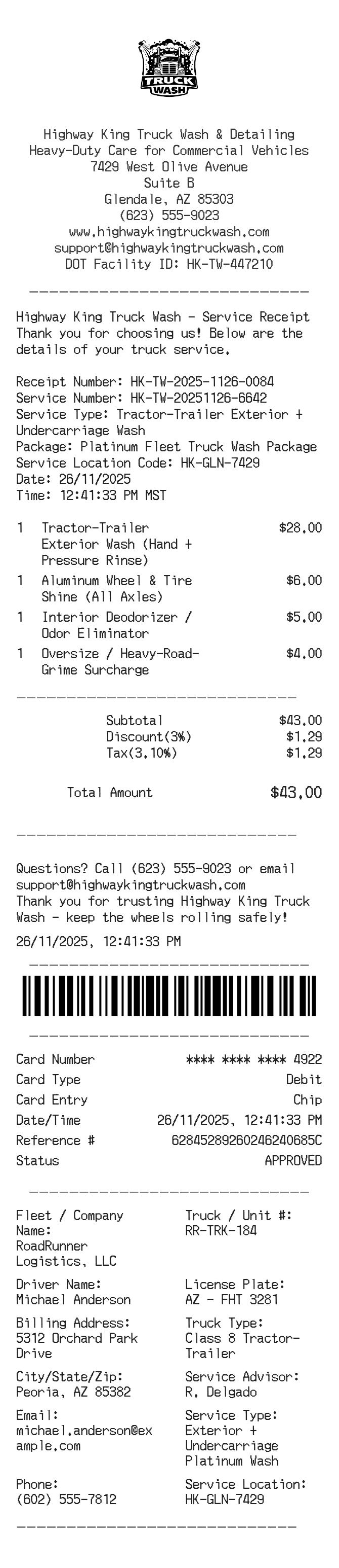 Truck Wash Receipt — example receipt