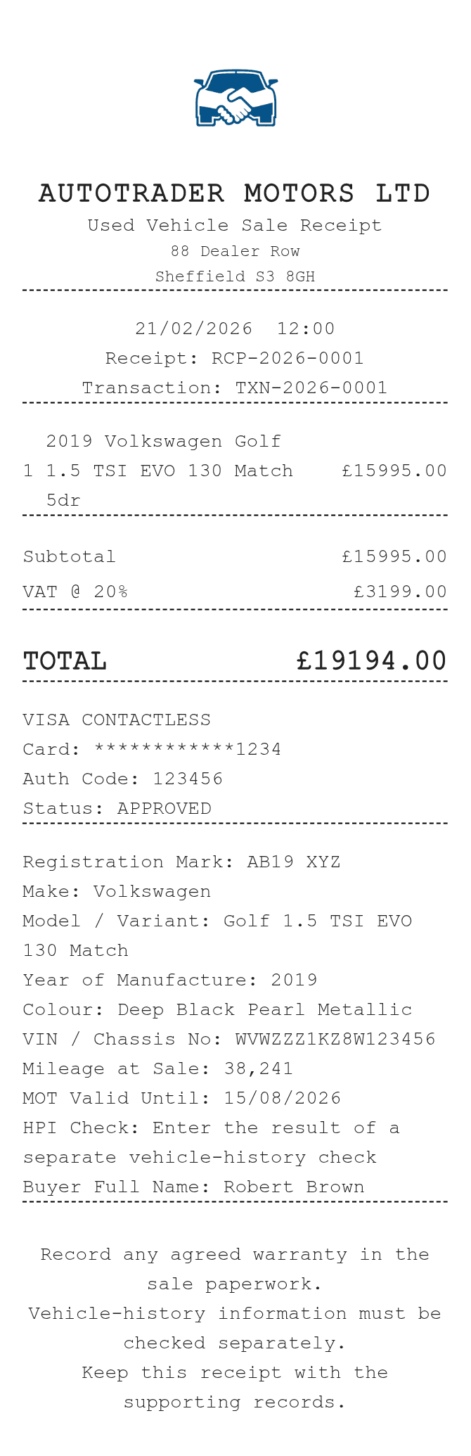 Used Car Sale Receipt — example receipt