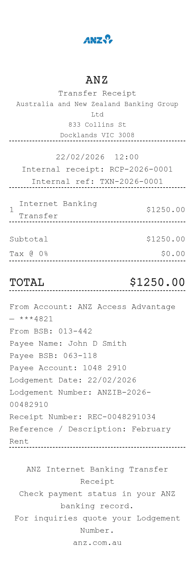 ANZ Bank Receipt — example receipt