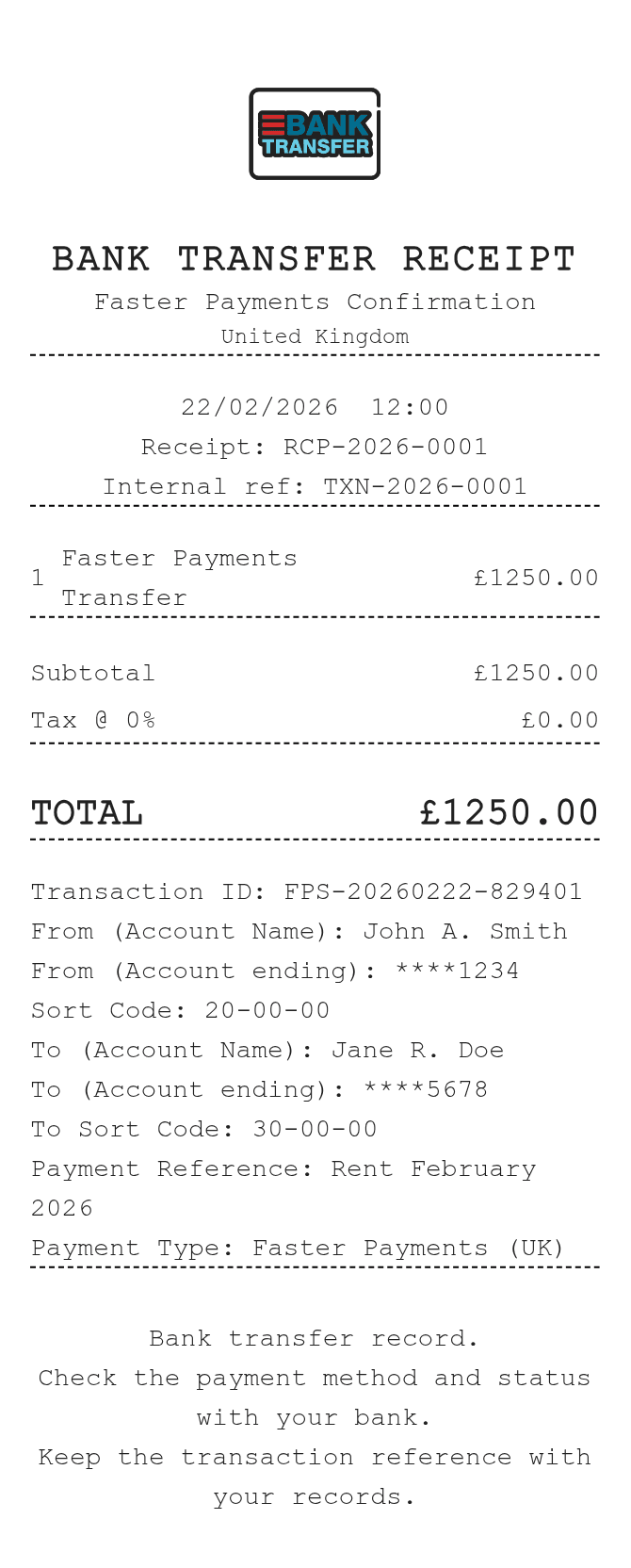 Bank Transfer Receipt — example receipt