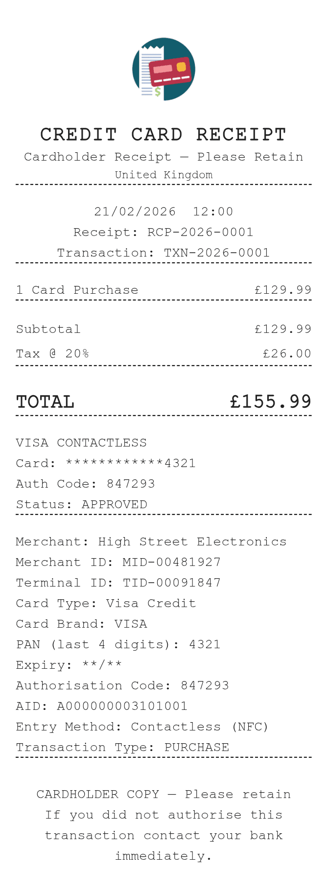 Credit Card Receipt — example receipt