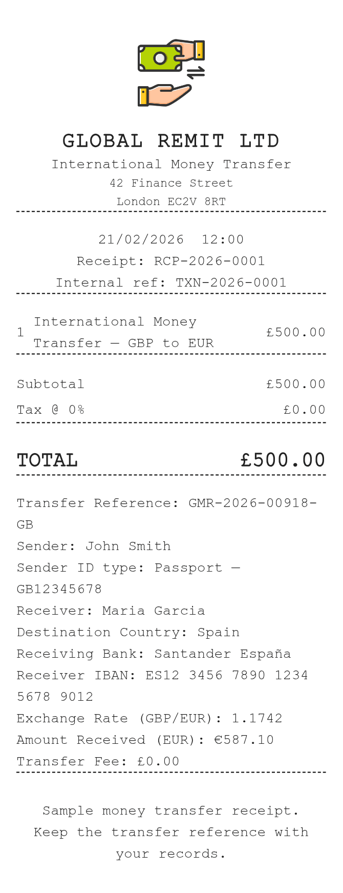 Money Transfer Receipt — example receipt