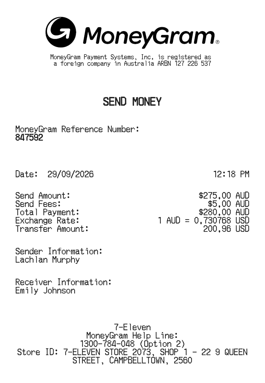 Moneygram Receipt — example receipt