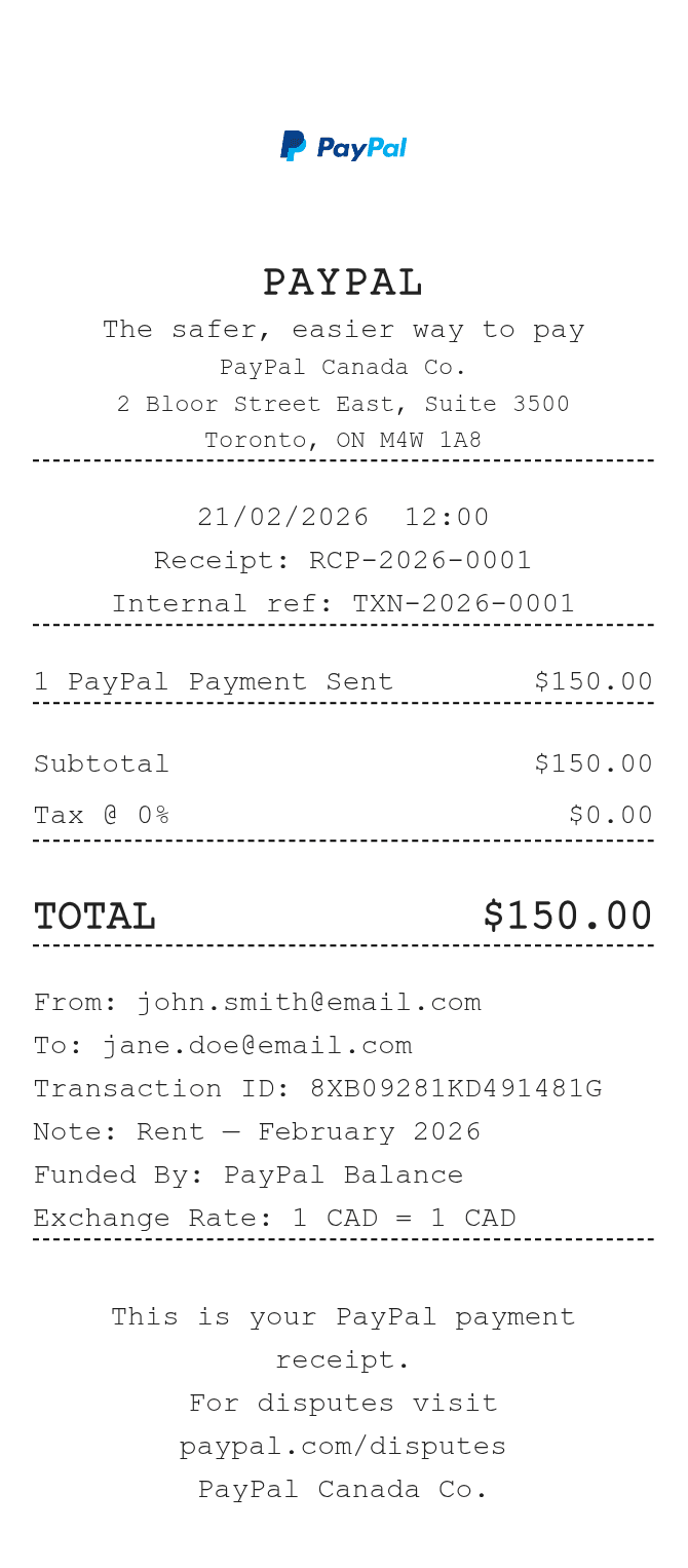 PayPal Canada Receipt — example receipt
