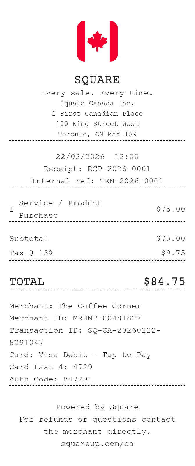 Square Canada Receipt — example receipt