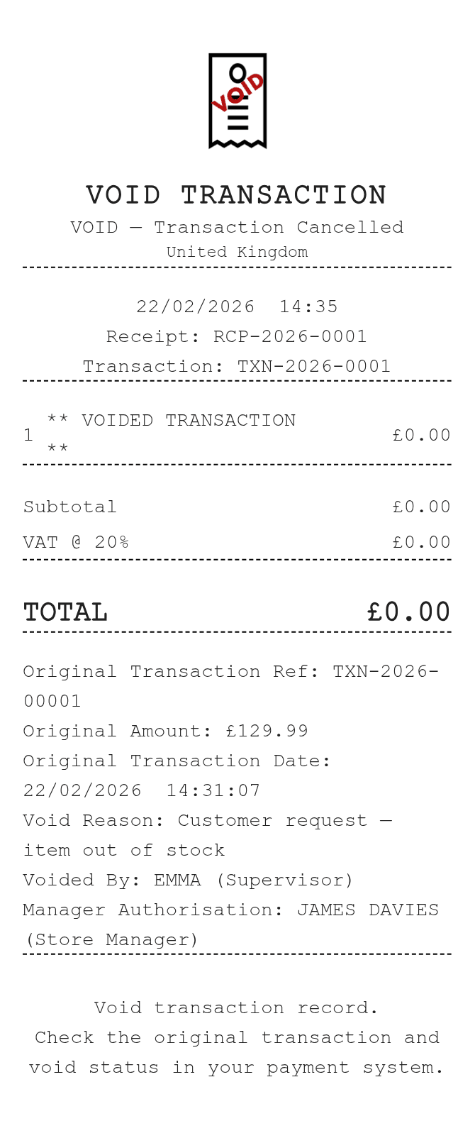 Void Transaction Receipt — example receipt