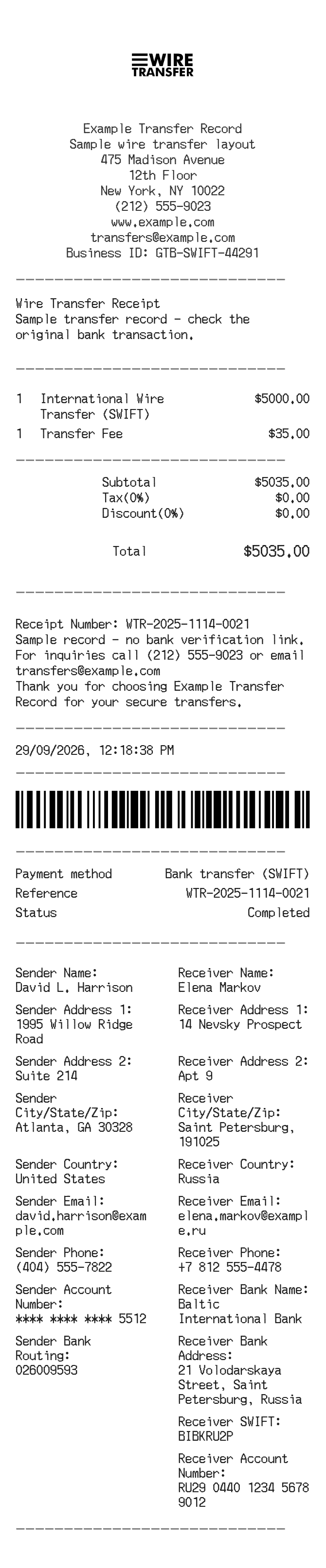 Wire Transfer Receipt — example receipt
