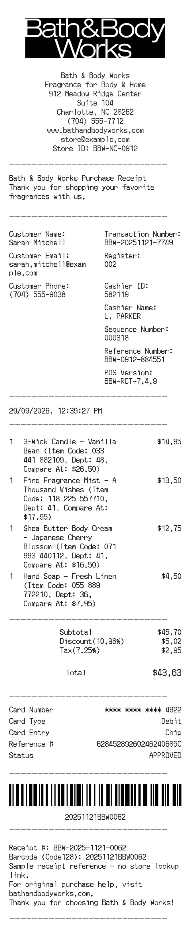Bath Body Receipt — example receipt