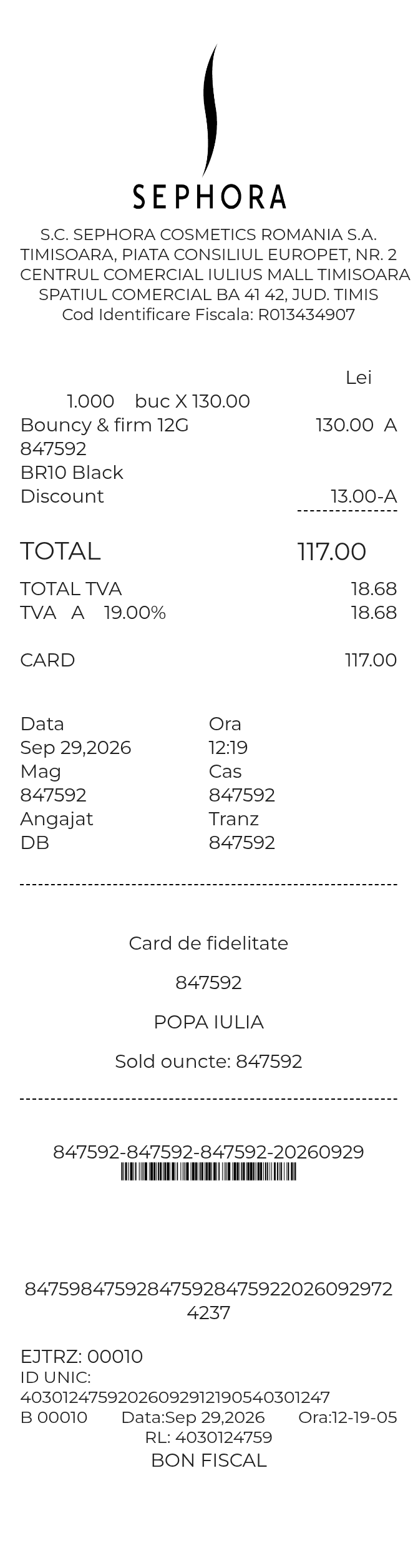 Sephora Romania Receipt — example receipt