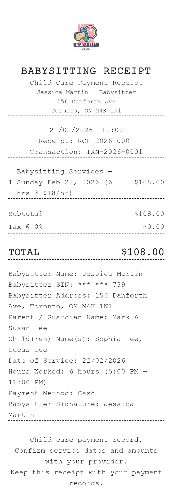 Babysitting Receipt — example receipt