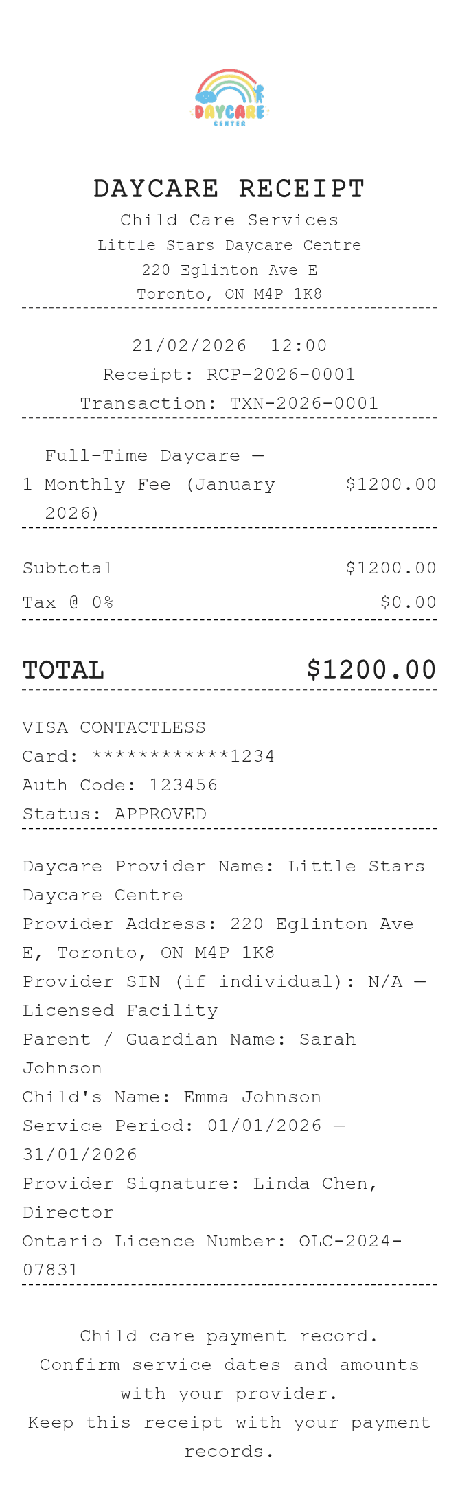 Daycare Receipt — example receipt