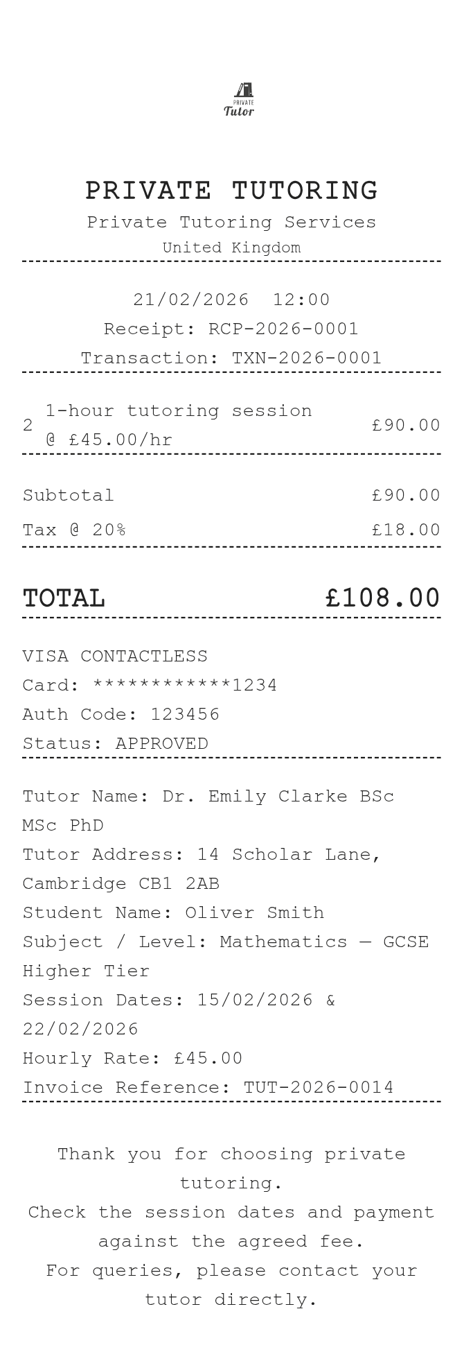 Private Tutor Receipt — example receipt